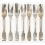 SEVEN GEORGE III AND LATER SILVER DESSERT FORKS, FIDDLE PATTERN, CRESTED, ALL LONDON, BY VARIOUS