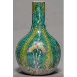 A CHINESE GREEN GROUND FAMILLE ROSE BOTTLE SHAPED VASE, 20TH C, PAINTED WITH FLOWERS AND INSECTS,