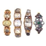 THREE GOLD RINGS, 19TH C AND LATER, VARIOUSLY GEM SET, 8G AND A PASTE SET SILVER GILT RING,