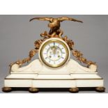 A FRENCH STATUTORY MARBLE AND GILT BRASS MANTEL CLOCK, LATE 19TH C, THE DRUM CASED MOVEMENT WITH