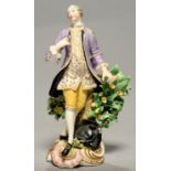 A DERBY FIGURE OF A MALE DANCER, EARLY 19TH C, THE GALLANT IN LILAC COAT, FLOWERED WAISTCOAT AND