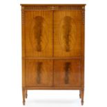A MAHOGANY COCKTAIL CABINET WITH GLASS SHELVES AND BRUSHING SLIDE, 140CM;  92 X 38CM Condition