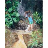 EARL MANSWELL - TOBAGO WATERFALL, SIGNED AND DATED '96, OIL ON CANVAS, 51 X 41CM, UNFRAMED AND