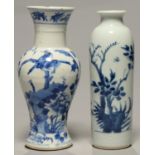 A CHINESE BLUE AND WHITE YEN YEN VASE AND A BLUE AND WHITE SLEEVE VASE, KANGXI MARK OR UNMARKED,