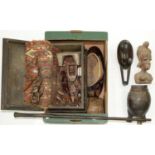 TRIBAL ART. A COLLECTION OF AFRICAN AND OTHER CARVED WOOD FIGURES, BUST, BOX, CANE, VESSEL, WOVEN
