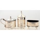 A GEORGE V THREE PIECE OVAL SILVER CONDIMENT SET, BLUE GLASS LINERS, 8CM H, BY WALKER AND HALL,