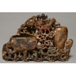 A CHINESE SOAPSTONE DRAGON AND PEARL BRUSHWASHER, 19TH C, 16CM H Condition report  Some damage and