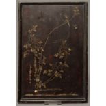 A JAPANESE LACQUER PANEL, 19TH C, INCISED WITH A BIRD ON A BRANCH, 33 X 23CM Condition report