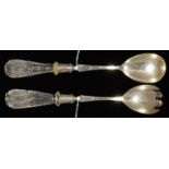 A PAIR OF VICTORIAN CUT GLASS HAFTED SILVER SALAD SERVERS, BY BARKER BROTHERS, BIRMINGHAM 1899