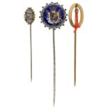THREE VICTORIAN STICKPINS WITH ENAMEL, MICROMOSAIC OR CORAL TWIG TERMINAL, VARIOUS LENGTHS Condition