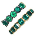 TWO VICTORIAN GREEN PASTE SET GOLD RINGS, MID 19TH C, CHASED OR ENGRAVED, UNMARKED, 3.4G, SIZES J