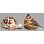 TWO ROYAL CROWN DERBY PAPERWEIGHTS, BIRD AND TORTOISE, GILT STOPPERS Condition report  Good