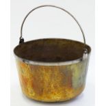 A VICTORIAN BRASS PAN WITH RIVETED STEEL RIM AND IRON HANDLE, 39CM H, 62CM DIAM Condition report
