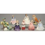 SEVEN ROYAL DOULTON BONE CHINA FIGURES OF CHILDREN AND A YOUNG WOMAN, VARIOUS SIZES, PRINTED MARKS