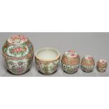 A NEST OF FIVE CANTON FAMILLE ROSE DRUM SHAPED BOXES AND FOUR COVERS, SECOND HALF 19TH C, 11.5CM H