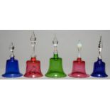 FIVE VICTORIAN COLOURED GLASS BELLS, 19TH C, GREEN, BLUE AND CRANBERRY, ONE WITH SEMI-OPALESCENT