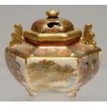 A JAPANESE MINIATURE SATSUMA HEXAGONAL KORO AND COVER, MEIJI PERIOD, 5CM H, HASEGAWA-SEI MARK