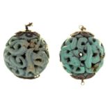 A PAIR OF SOUTH EAST ASIAN CARVED AND PIERCED TURQUOISE AND SILVER FILIGREE BALL EARRING, 55MM DIAM,
