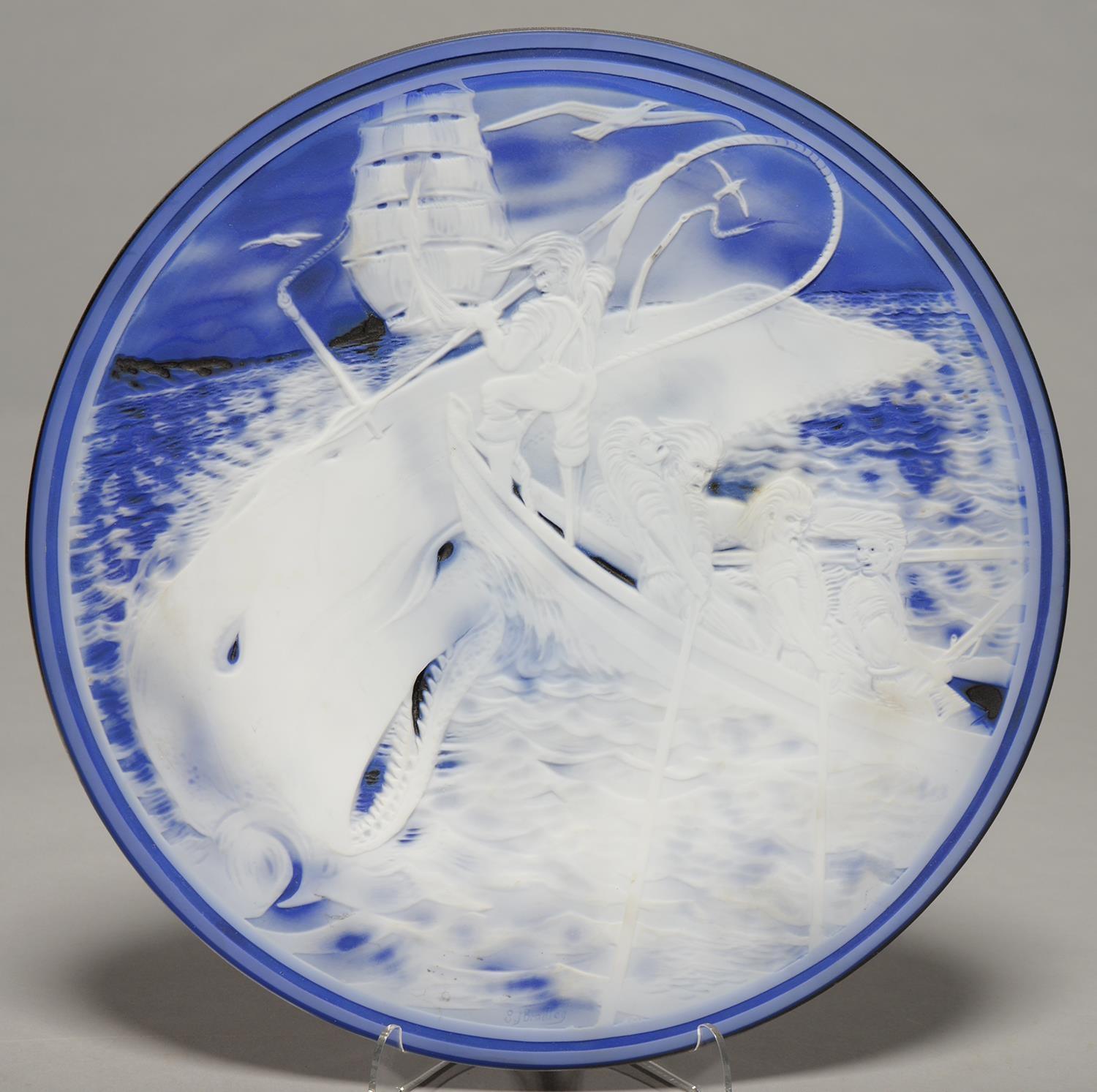 STUDIO GLASS. STEVE BRADLEY - DEATH OF THE WHALE, CAMEO GLASS PLAQUE, 36CM DIAM, INCISED