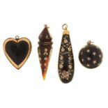 FOUR VICTORIAN PIQUÉ PENDANTS, MID 19TH C, COMPRISING HEART, BALL AND TWO DROPS, PROBABLY FROM