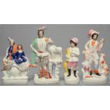 A STAFFORDSHIRE FIGURE AND THREE FLATBACKS, 19TH C, VARIOUS SUBJECTS, IN COLOURS, 43CM H AND CIRCA