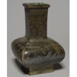 A CHINESE BRONZE VASE, 19TH C, OF SQUARE SECTION, INCISED WITH TAOTIE AND BATS IN TWO REGISTERS