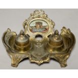 A FRENCH GILTMETAL ROCOCO REVIVAL INKSTAND, LATE 19TH C, INSET WITH AN OVAL PAINTED TRANSFER