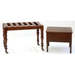 A MAHOGANY LUGGAGE RACK ON TURNED LEGS AND POTTERY CASTORS, EARLY 20TH C, 56CM H; 74 X 57CM AND A