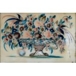 A VICTORIAN GLASS PICTURE, POSSIBLY LATE 19TH C, REVERSE PAINTED WITH TWO BIRDS AND A VASE OF