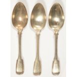 A SET OF THREE VICTORIAN SILVER TABLESPOONS, FIDDLE AND THREAD PATTERN, CRESTED, BY WILLIAM