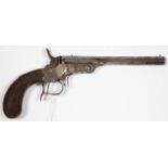 A BELGIAN 9MM RIMFIRE PISTOL, J LECLERCQ BREVETE, LEIGE, NUMBERED 2040, 19TH C, THE OCTAGONAL BARREL