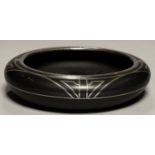 AN ART DECO SILVER DEPOSIT ETCHED BLACK GLASS SHALLOW BOWL, PROBABLY 1930S, 18.5CM DIAM Condition