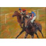 RONALD OLLEY (1923-) - RACE TO THE FINISH, SIGNED, SIGNED AGAIN AND INSCRIBED VERSO, OIL ON BOARD,