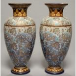 A PAIR OF DOULTON WARE SHOULDERED OVIFORM CHINÉ GILT VASES, C1900, WITH TEXTURED, SHADED BLUE GROUND