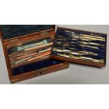 A VICTORIAN BRASS MOUNTED MAHOGANY DRAWING INSTRUMENTS CASE, THE PLUSH LINED INTERIOR AND TRAY