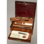 A VICTORIAN ROSEWOOD ARTIST'S BOX WITH FITTED INTERIOR, EARTHENWARE PALETTE AND OTHER ACCESSORIES