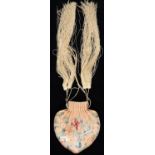 A CHINESE EMBROIDERED APRICOT SILK PURSE, EARLY 20TH C, WITH IVORY AND METAL THREAD DRAWSTRING AND
