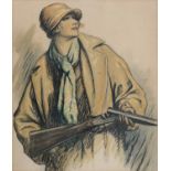 1920/30'S PROMOTIONAL COLOUR PRINT OF AN ELEGANT YOUNG WOMAN HOLDING A SHOTGUN AND 19TH C LITHOGRAPH