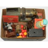 AN EDWARDIAN LAQUERED BRASS AND PAINTED METAL MAGIC LANTERN, A ZENIT CAMERA IN LEATHER CASE AND