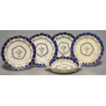 A SET OF THREE CHELSEA-DERBY DESSERT PLATES AND A TWO HANDLED BASKET, C1775-80, PAINTED EN GRISAILLE