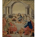 A VICTORIAN BERLIN WOOLWORK PICTURE OF THE LAST SUPPER, 46.5 X 40.5CM AND AN EDWARDIAN INLAID AND