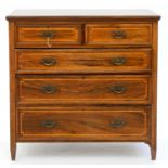 A VICTORIAN ROSEWOOD AND INLAID CHEST OF DRAWERS, LATE 19TH C, WITH PIERCED BRASS HANDLES, 107CM