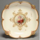 A HADLEY?S WORCESTER SHAPED SQUARE DESSERT DISH, 1902-5, PAINTED TO THE CENTRE WITH FRUIT AND GILT