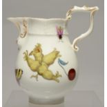 A GERMAN PORCELAIN JUG, 19TH C, OF BALUSTER SHAPE WITH OSIER MOULDING AND WISHBONE HANDLE, PAINTED