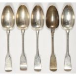 SCOTTISH PROVINCIAL SILVER. A SET OF FIVE TABLESPOONS, FIDDLE PATTERN, BY WILLIAM JAMIESON, ABERDEEN