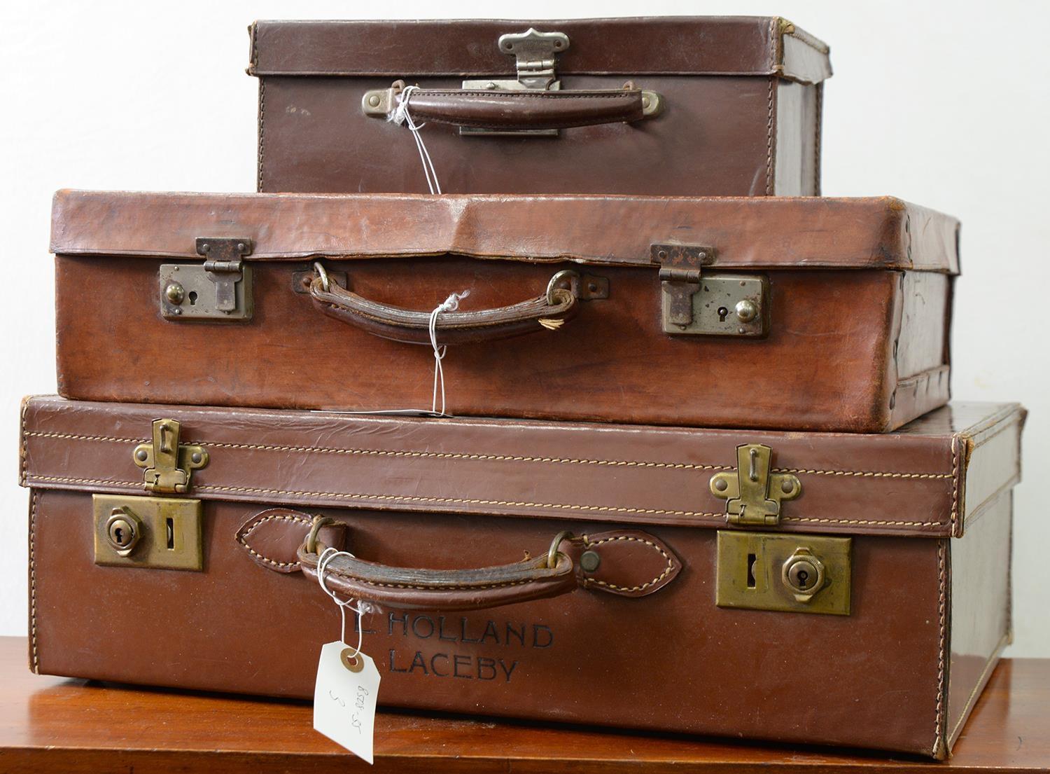 VINTAGE LUGGAGE. THREE TAN LEATHER SUITCASES, C1930'S, ONE INSCRIBED L HOLLAND LACELY, 50CM H; 16