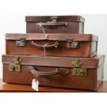 VINTAGE LUGGAGE. THREE TAN LEATHER SUITCASES, C1930'S, ONE INSCRIBED L HOLLAND LACELY, 50CM H; 16