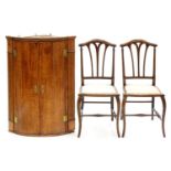 A GEORGE III OAK BOW FRONTED CORNER CUPBOARD,  97CM H; 68 W X 46CM AND A PAIR OF EARLY 20TH C