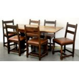 AN OAK ANTIQUE STYLE DRAW LEAF DINING TABLE, 76CM H; 167 X 76CM W, AND A SET OF SIX CARVED OAK