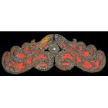 A CUT STEEL WAIST CLASP BACKED ON RED FABRIC, LATE 19TH C, 17.5CM L Condition report  Localised wear